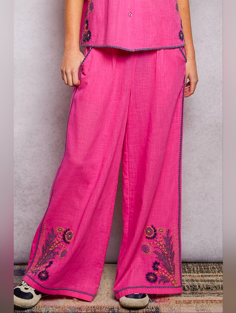 NEW!! 2 PC POL 100% Cotton Pink Wide-Leg Embroidered Pant Set, NWT - Picture 9 of 13